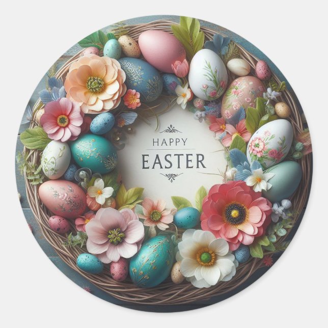 Happy easter egg wreath classic round sticker (Front)