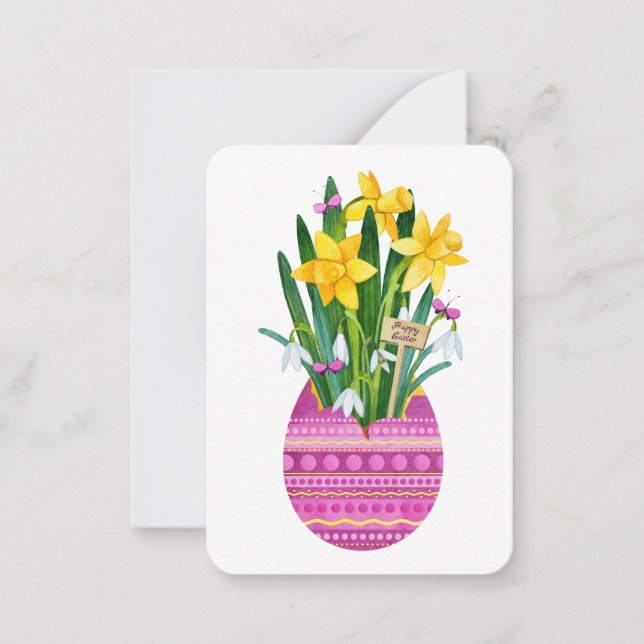 Happy Easter Egg & Yellow Daffodil Flowers Note Card (Front)