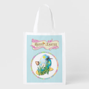 Happy Easter Eggs and Butterflies on Blue Stripes Grocery Bag
