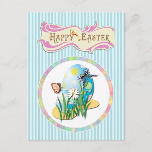 Happy Easter Eggs and Butterflies on Blue Stripes Holiday Postcard