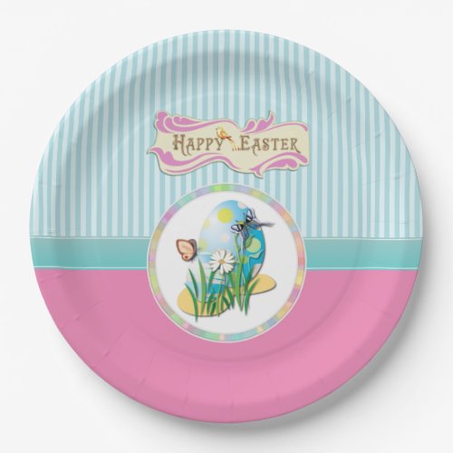 Happy Easter Eggs and Butterflies on Blue Stripes Paper Plates