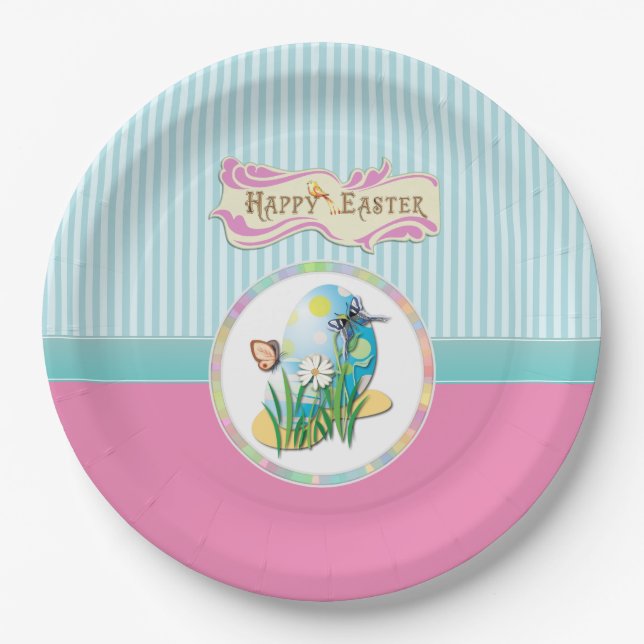 Happy Easter Eggs and Butterflies on Blue Stripes Paper Plates (Front)