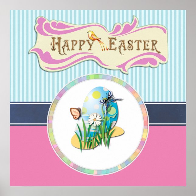 Happy Easter Eggs and Butterflies on Blue Stripes Poster (Front)