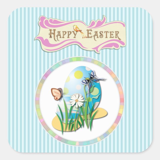 Happy Easter Eggs and Butterflies on Blue Stripes Square Sticker (Front)