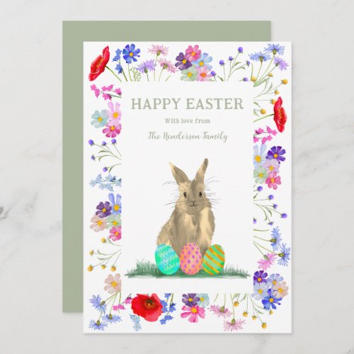 Happy Easter Eggs and Cute Bunny Floral Holiday Card