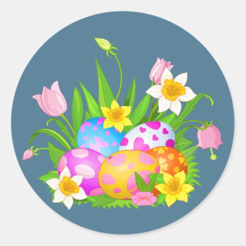 Happy Easter Eggs and Floral Classic Round Sticker