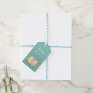 Happy Easter eggs and flowers soft blue Gift Tags