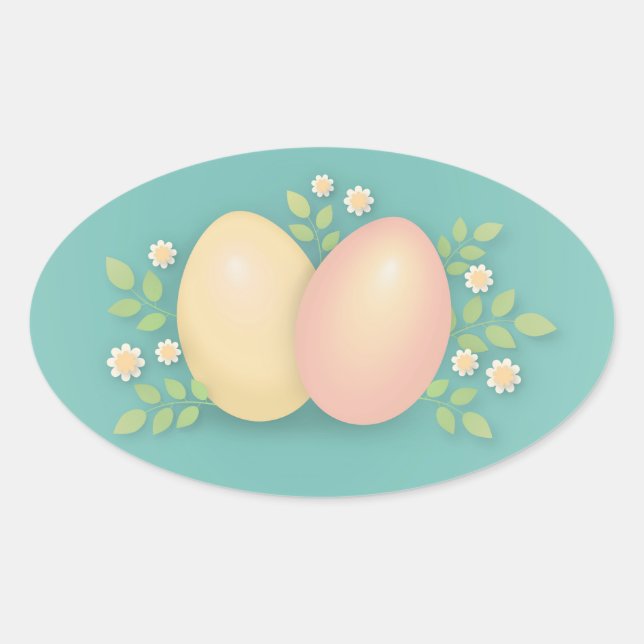 Happy Easter eggs and flowers soft pink yellow  Oval Sticker (Front)