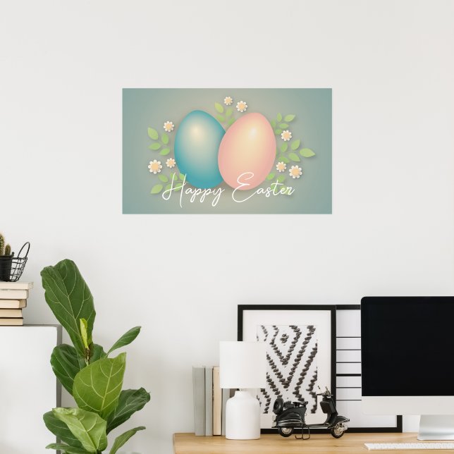 Happy Easter eggs and spring flowers baby blue Poster (Home Office)