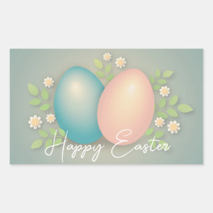 Happy Easter eggs and spring flowers soft blue Rectangular Sticker