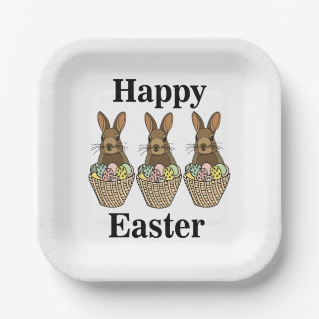 Happy Easter Eggs Basket Bunny Happy Easter Party Paper Plates (Front)