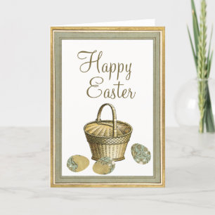 Happy Easter Eggs Basket Vintage Gold Frame Holiday Card