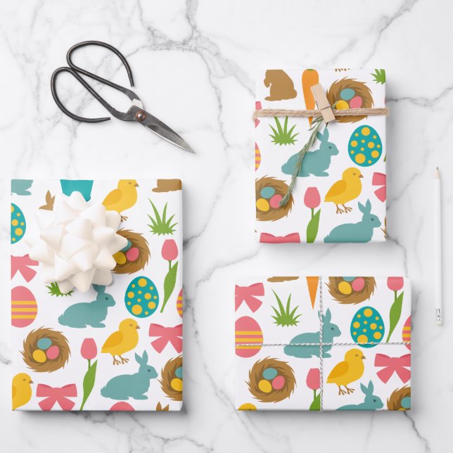 Happy Easter Eggs Bunny Chicks Patten  Wrapping Paper Sheets (Front)