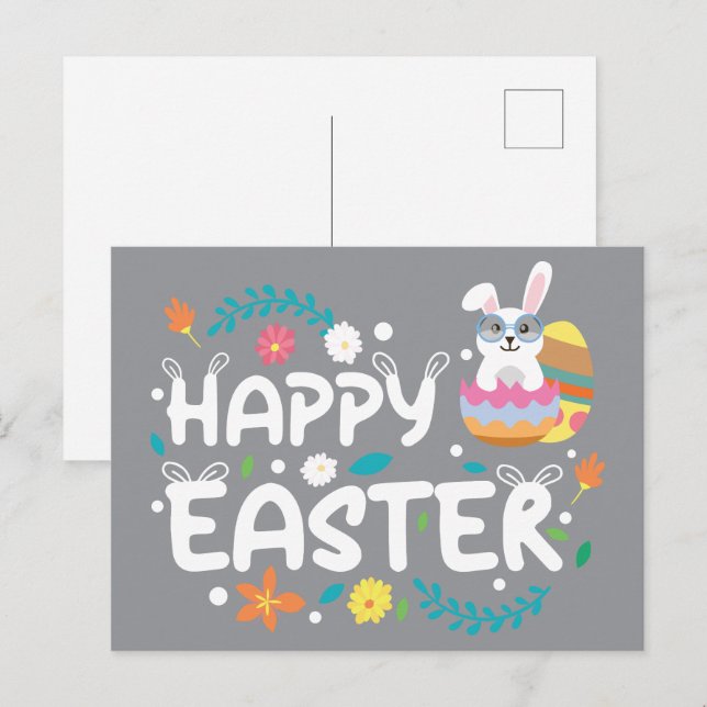 Happy Easter, Eggs, Bunny & Flowers Postcard (Front/Back)