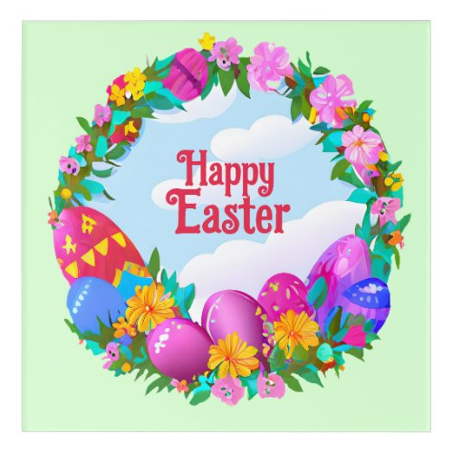 Happy Easter Eggs Floral Wreath Acrylic Print