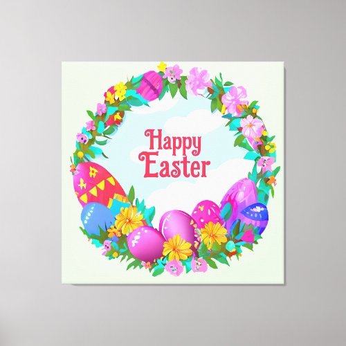 Happy Easter Eggs Floral Wreath Canvas Print