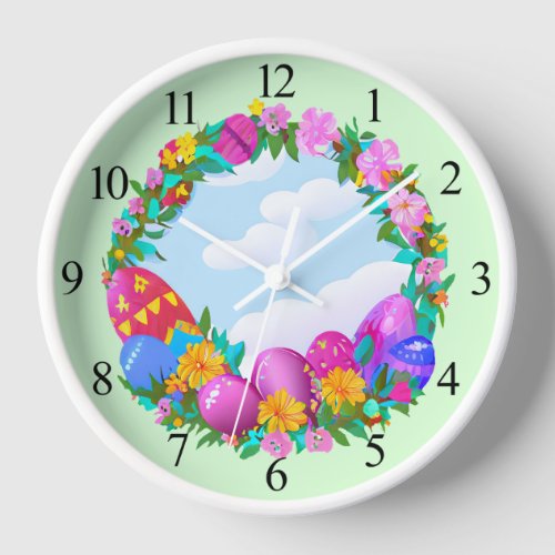 Happy Easter Eggs Floral Wreath Clock