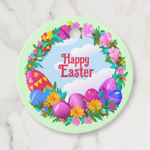 Happy Easter Eggs Floral Wreath Favor Tags