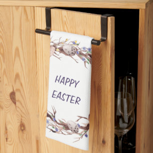 Happy Easter Eggs Floral Wreath Kitchen Towel
