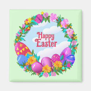 Happy Easter Eggs Floral Wreath Magnet