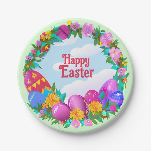 Happy Easter Eggs Floral Wreath Paper Plates