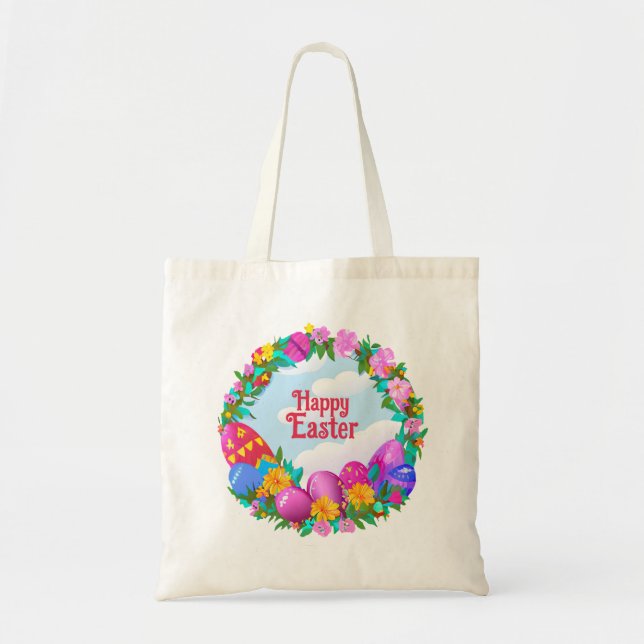 Happy Easter Eggs Floral Wreath Tote Bag (Front)