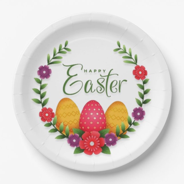 Happy Easter Eggs Flowers-23798 Paper Plates (Front)