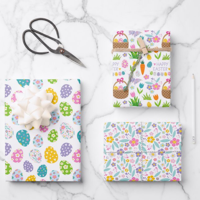 Happy Easter Eggs Flowers Baskets Spring Wrapping Paper Sheets (Front)