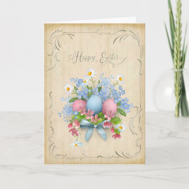 Happy Easter Eggs Flowers with Parchment Greeting Card (Front)