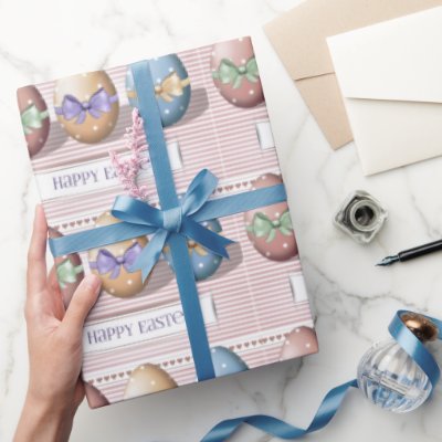 Happy Easter Eggs in Pastel Pink / Blue  Wrapping Paper