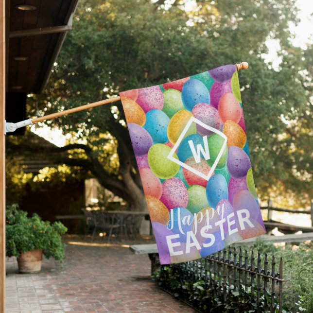 Happy Easter Eggs Monogram Initial House Flag (In SItu)