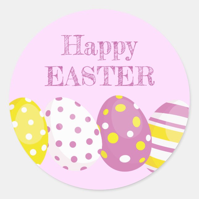 Happy Easter Eggs Pink Background Classic Round Sticker (Front)