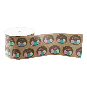 Happy Easter Eggs Polkadots On Faux Kraft Paper Grosgrain Ribbon