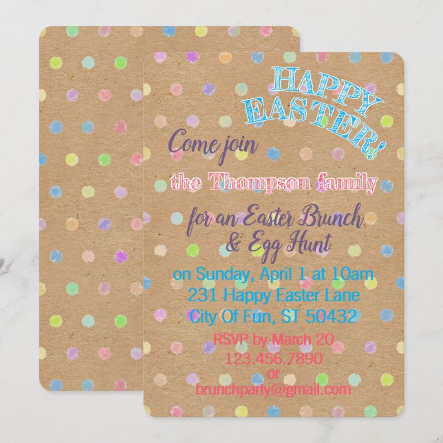 Happy Easter Eggs Polkadots On Faux Kraft Paper Invitation (Front/Back)