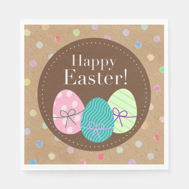 Happy Easter Eggs Polkadots On Faux Kraft Paper Napkins (Front)