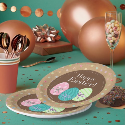 Happy Easter Eggs Polkadots On Faux Kraft Paper Paper Plates