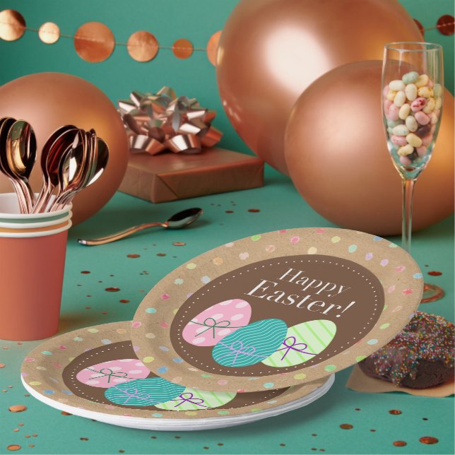 Happy Easter Eggs Polkadots On Faux Kraft Paper Paper Plates (Multi)