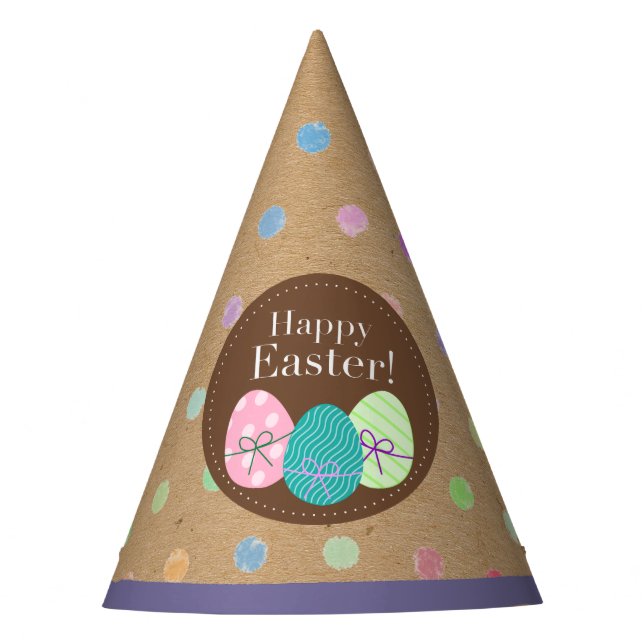 Happy Easter Eggs Polkadots On Faux Kraft Paper Party Hat (Front)