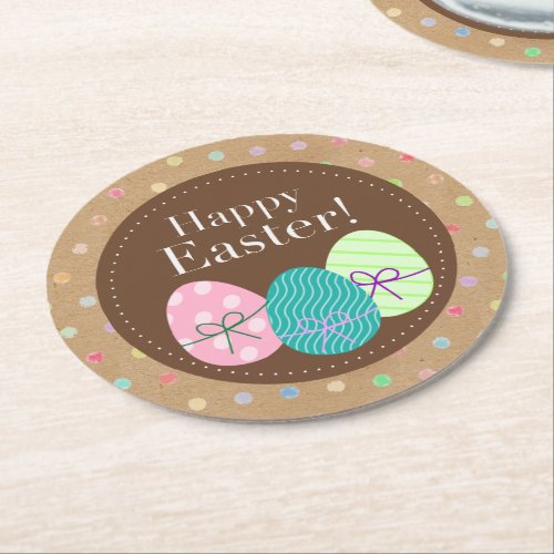 Happy Easter Eggs Polkadots On Faux Kraft Paper Round Paper Coaster