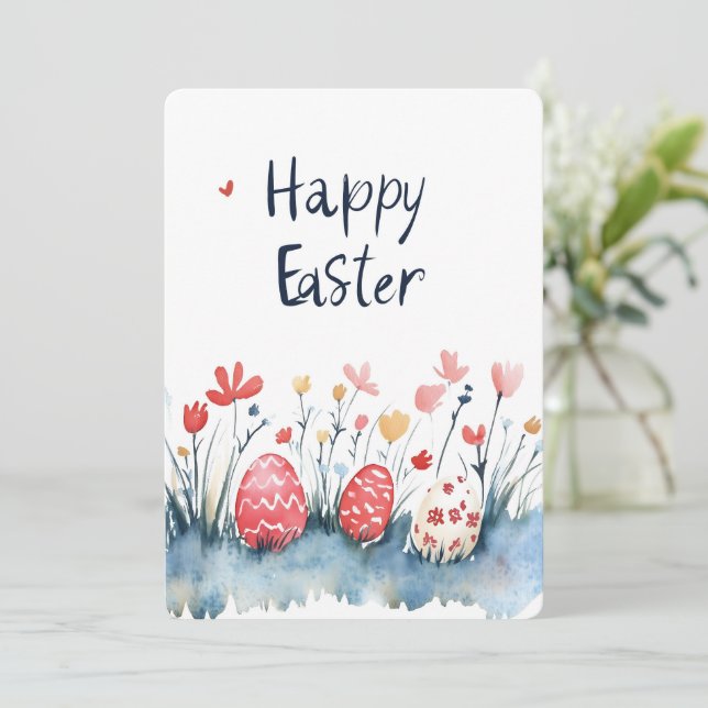 Happy Easter Eggs Watercolor Red Holiday Card (Standing Front)