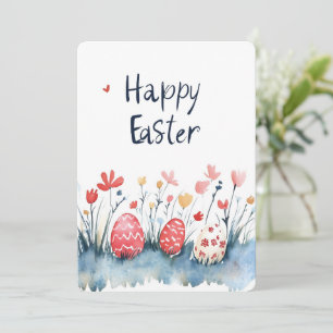 Happy Easter Eggs Watercolor Red Holiday Card