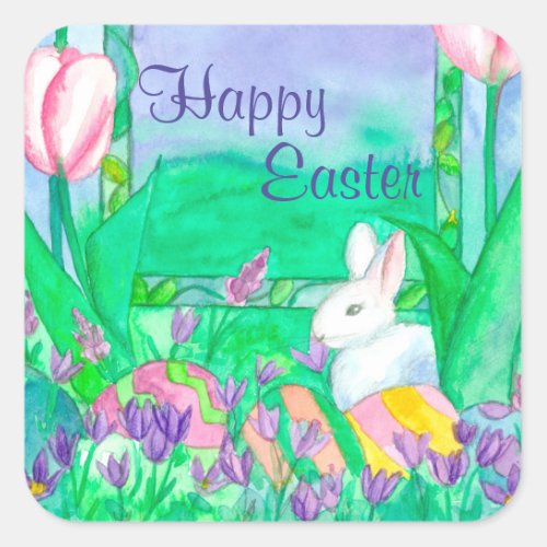 Happy Easter Eggs White Rabbit Square Sticker