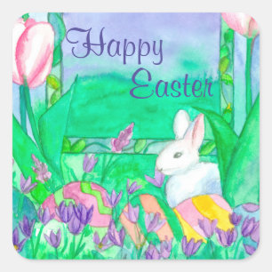 Happy Easter Eggs White Rabbit Square Sticker