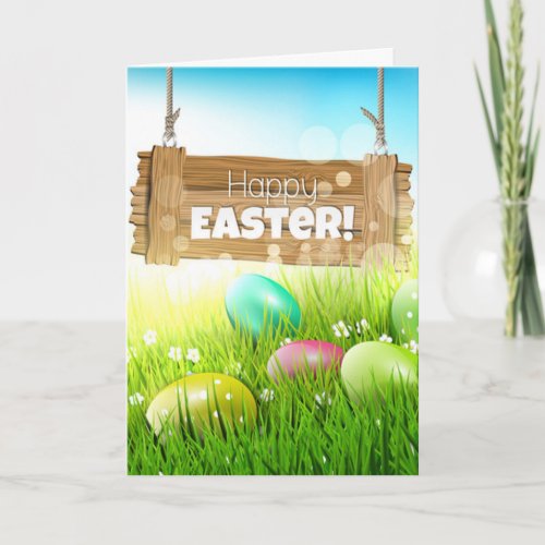 Happy Easter Eggs Wooden Sign Board Greeting Card