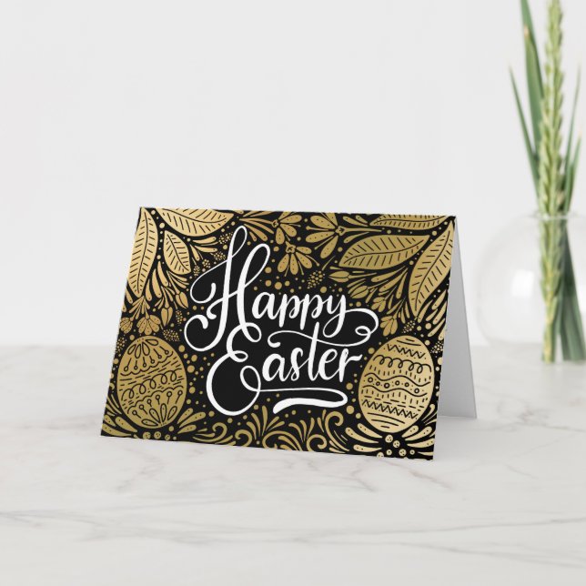 Happy Easter Elegant Boho Black and Gold Holiday Card (Front)