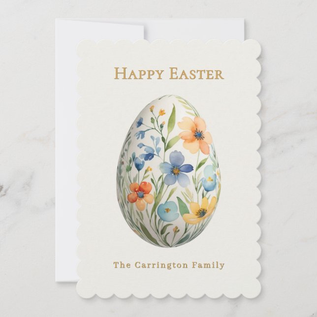 Happy Easter Elegant Floral Egg Personalized Holiday Card (Front)