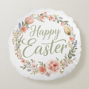 Happy Easter Elegant Floral Round Pillow