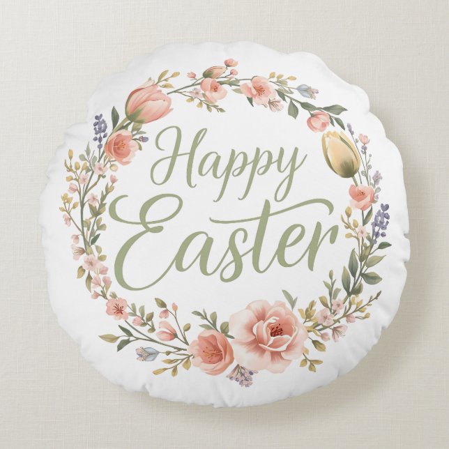 Happy Easter Elegant Floral  Round Pillow (Front)