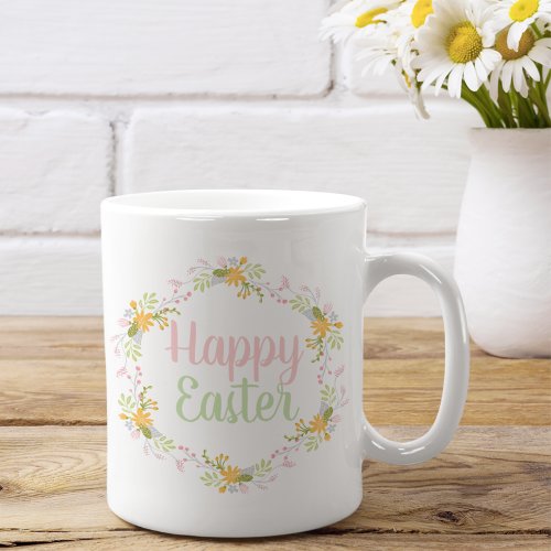 Happy Easter Elegant Pink Floral Wreath Coffee Mug