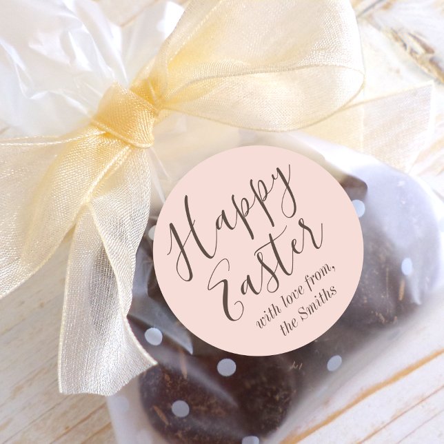 Happy Easter Elegant Script Favor Pink Classic Round Sticker (Creator Uploaded)